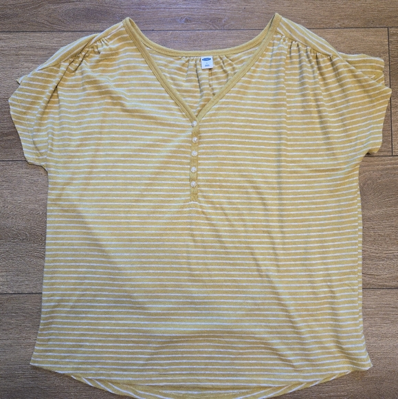 OLD NAVY Loose V-Neck Linen-Blend Henley T- Shirt Womens L Yellow White Striped - Picture 2 of 7